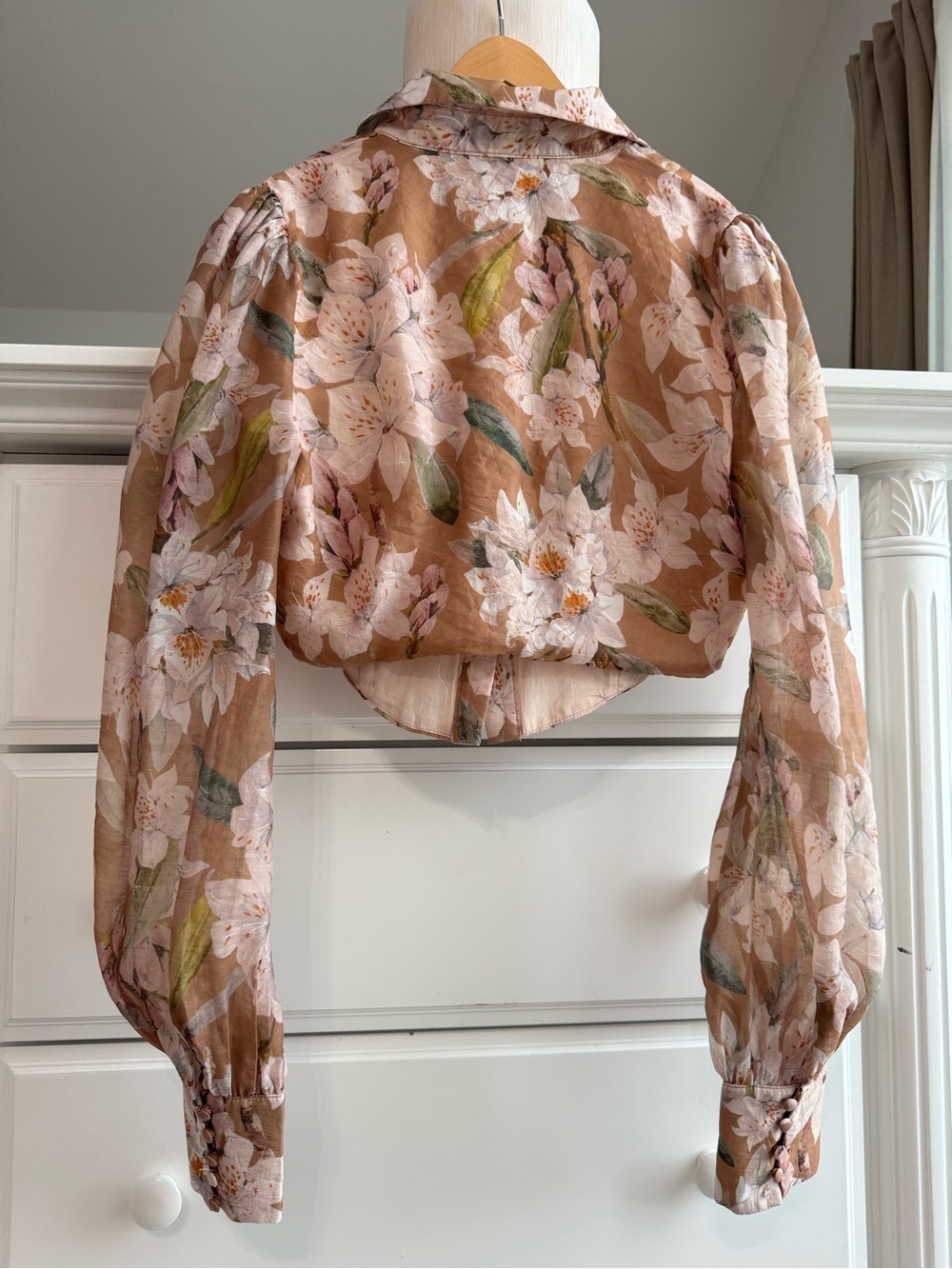 Bardot Sheer Floral Puff-Sleeve Blouse in Pink and Brown - Picture 6 of 15